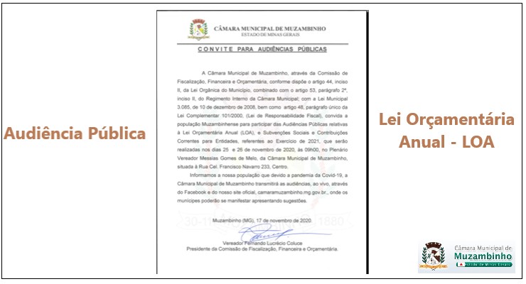 Audiências Públicas para discussão da Lei Orçamentária de Muzambinho referente ao ano 2021 acontecer