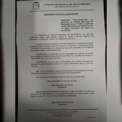 Câmara Municipal de Muzambinho suspende trabalhos internos e externos de forma temporária