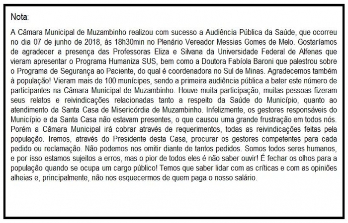Nota de agradecimento da Câmara Municipal de Muzambinho